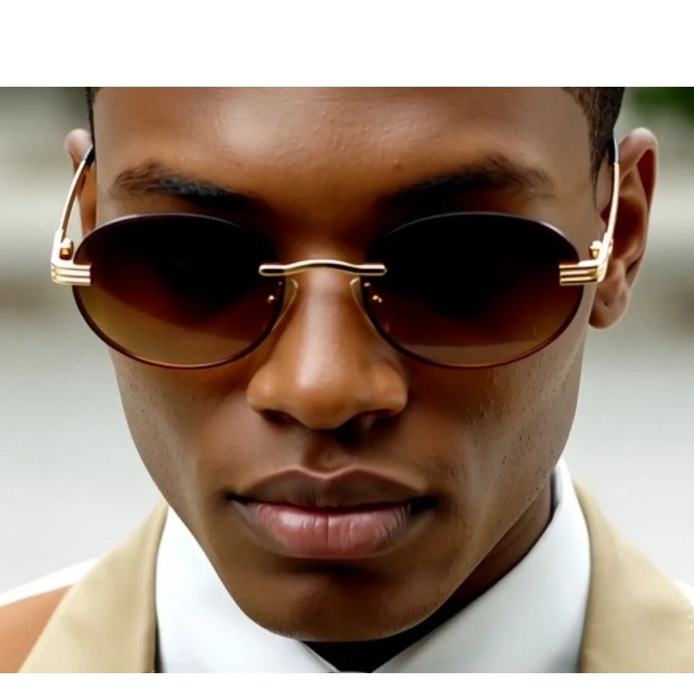 Men Rimless Brown‎ Lens Sunglasses Small Gold Shades Male Round Minimalist Gafas